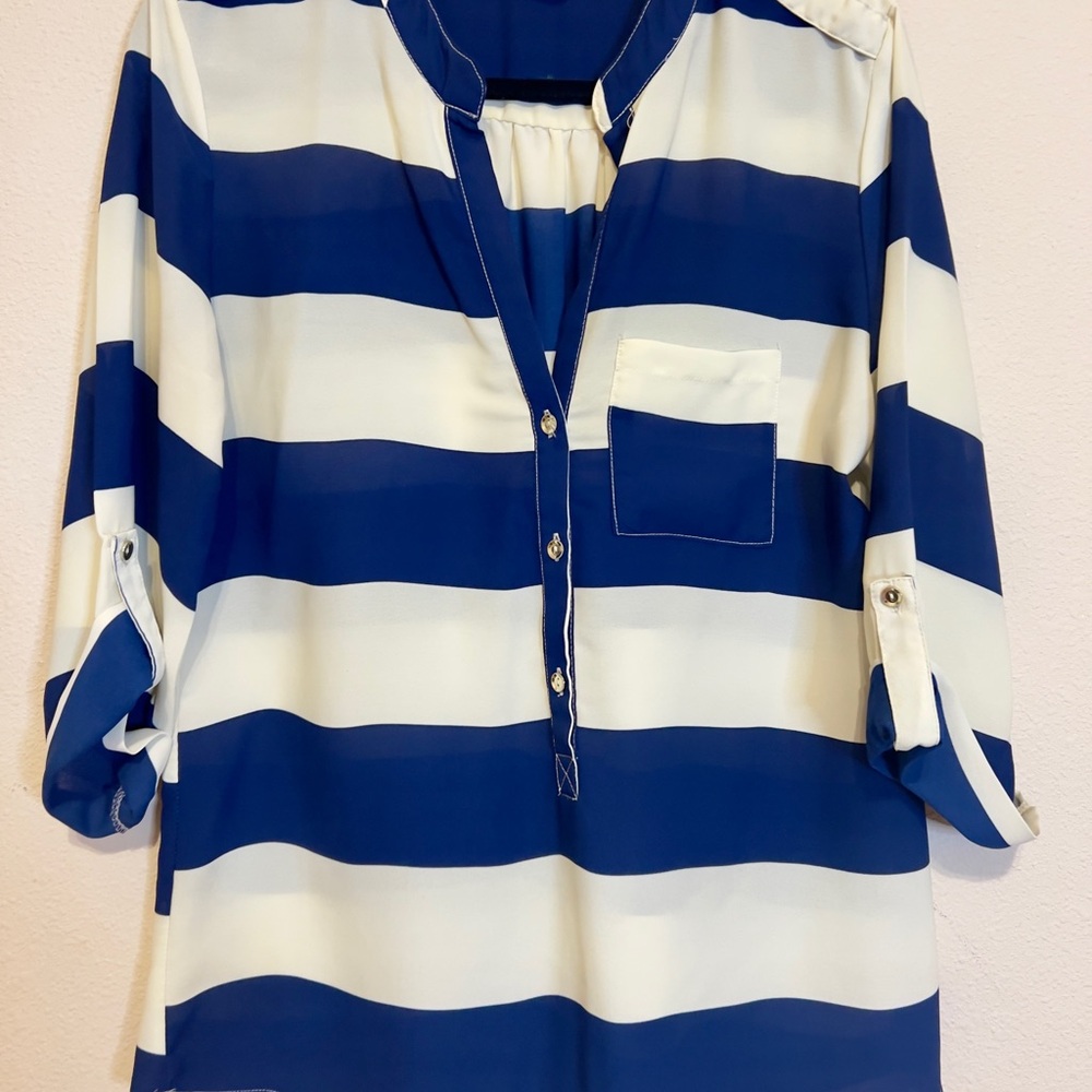 Penelope Project large Striped Blue & Ivory tunic Blouse w/ gold buttons Size M